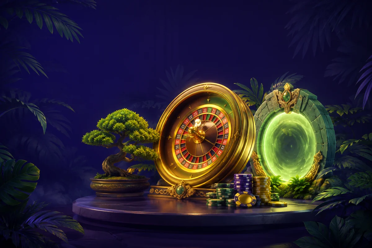 Scena GambleZen con roulette dorata e atmosfera zen